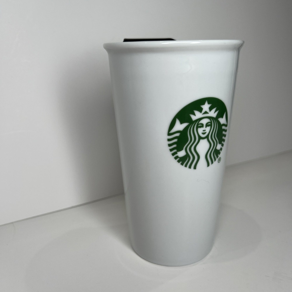 Starbucks White Ceramic Tall Coffee Travel Cup Mug Tumbler 10 oz w/ Lid Mermaid - Picture 3 of 6